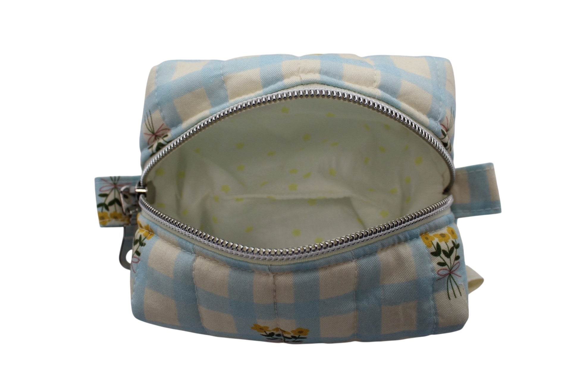 Cosmetiquera Sakura extra chica acolchada en diseño Nanohana, hecha a mano con materiales de alta calidad, perfecta para organizar productos de belleza con estilo japonés.